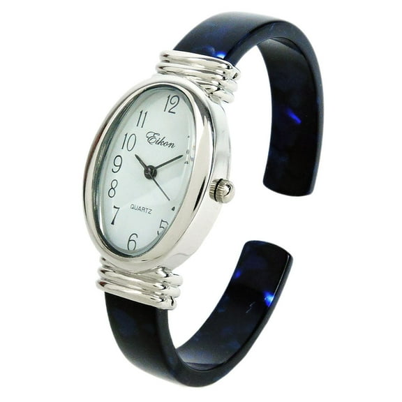 Blue Acrylic Band with Silver Oval Case Women's Bangle Cuff Watch