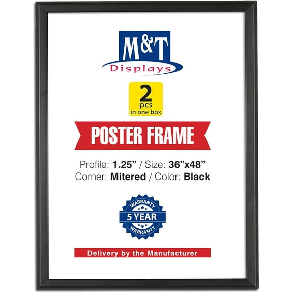 M&T Displays Picture Frame 36x48 Inch, Front Loading Diploma Frame, Black Color 1.25" Aluminum Profile Size, 2 Packs