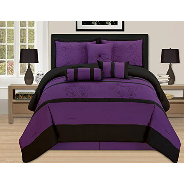 7 Pieces Luxury Embroidery Queen Purple, Black And Purple Bedding Set