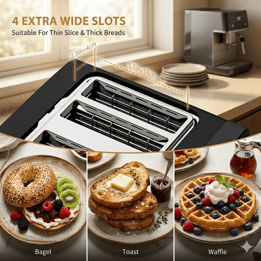 Gevi 4-Slice Stainless Steel Toaster with LED Touch Screen, Dual Control Panels & 6 Browning Settings, Black