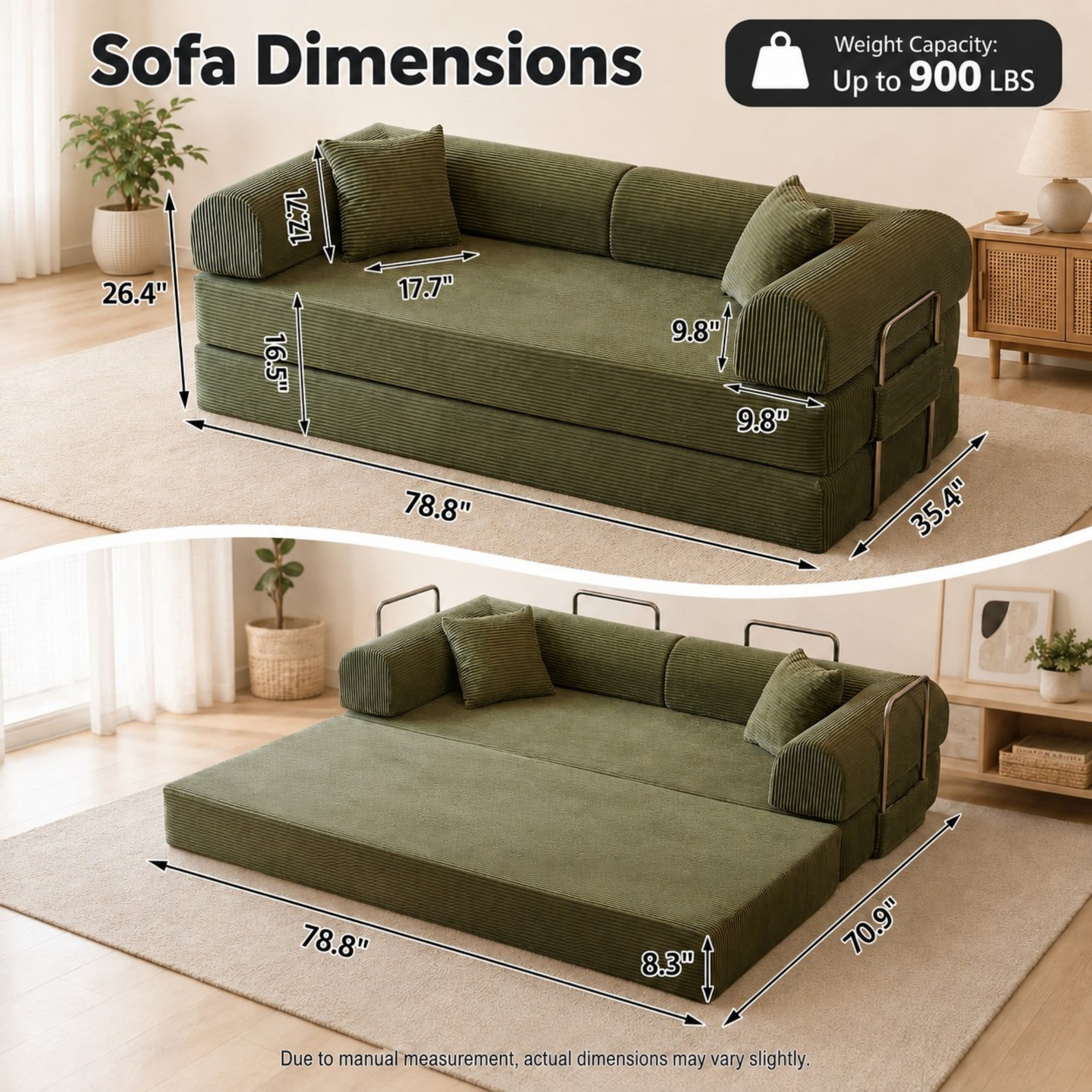DEALTOPS 79" Convertible Corduroy Floor Sofa Bed, Modular Sleeper Couch with Memory Foam, Green