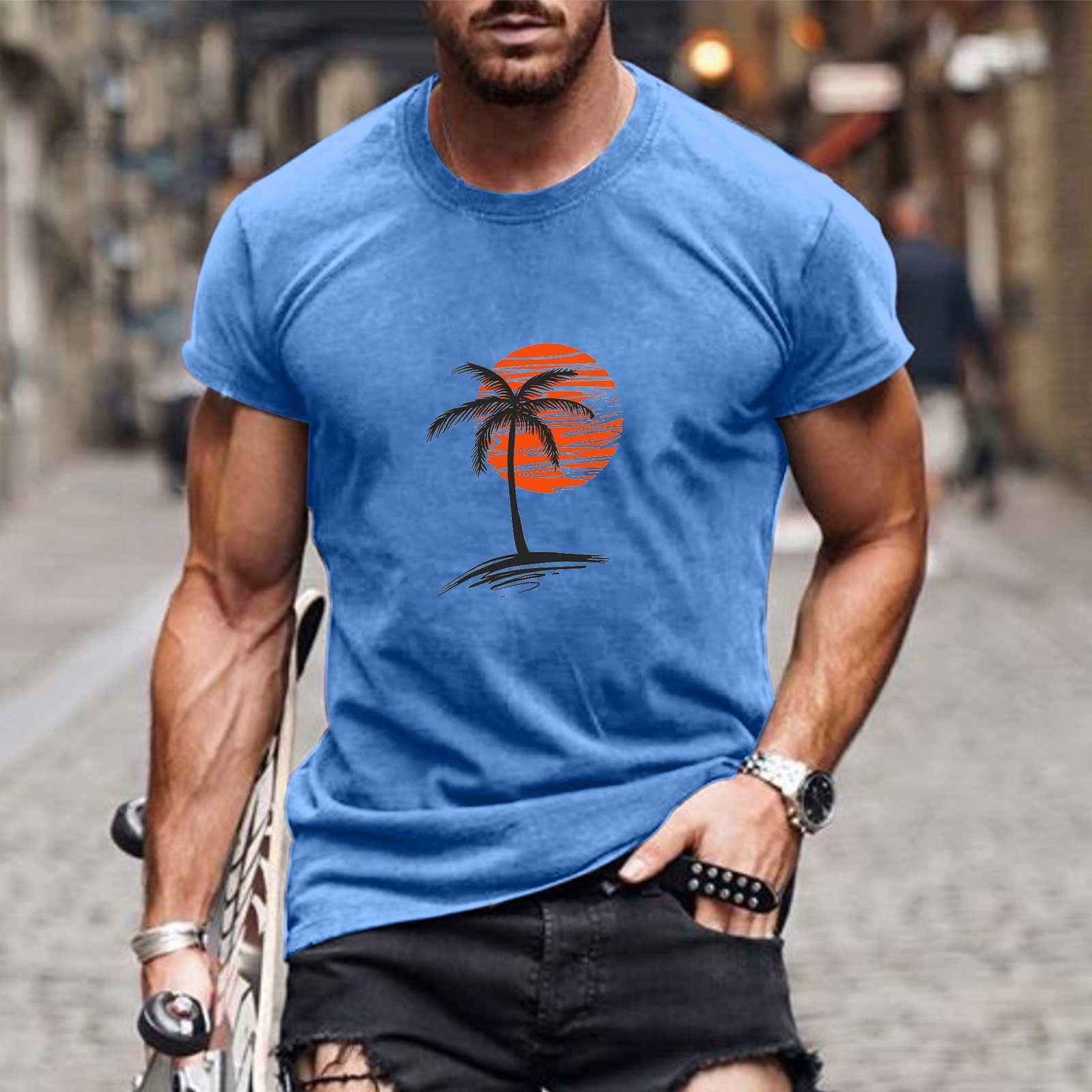 ZCFZJW Mens Summer Muscle T-Shirts Casual Short Sleeve Sunset Palm Tree  Graphic Crewneck Pullover Tshirt Tops Holiday Beach Tropical Shirts Blue L