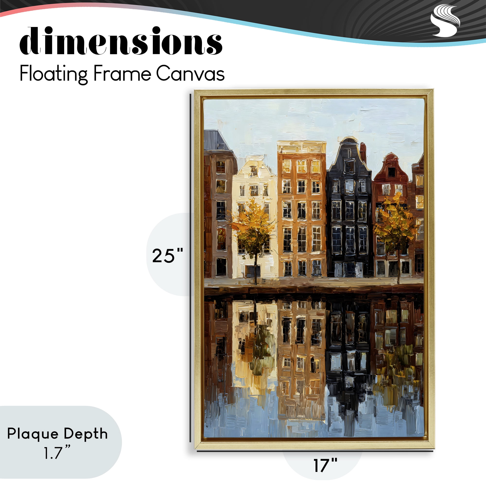 Stupell Industries City Reflection over Canal Gold Framed Floater Canvas Wall Art, design by Petal Prints Design