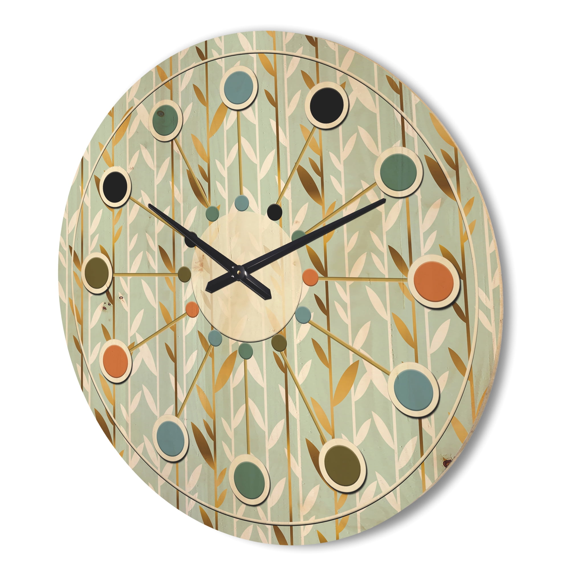 Designart 'Retro Golden Foliage I' Mid-Century Modern Wood Wall Clock