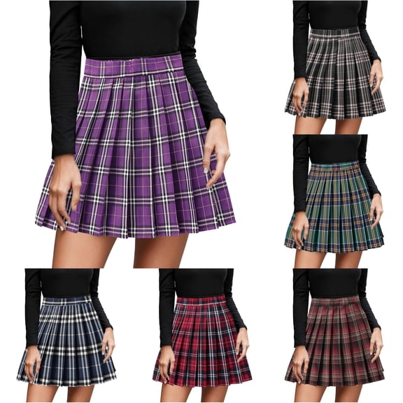 XIAONU Women's High Waist Pleated Mini Skirt Plaid Elastic Waist Skirts School Daily Short Bottom