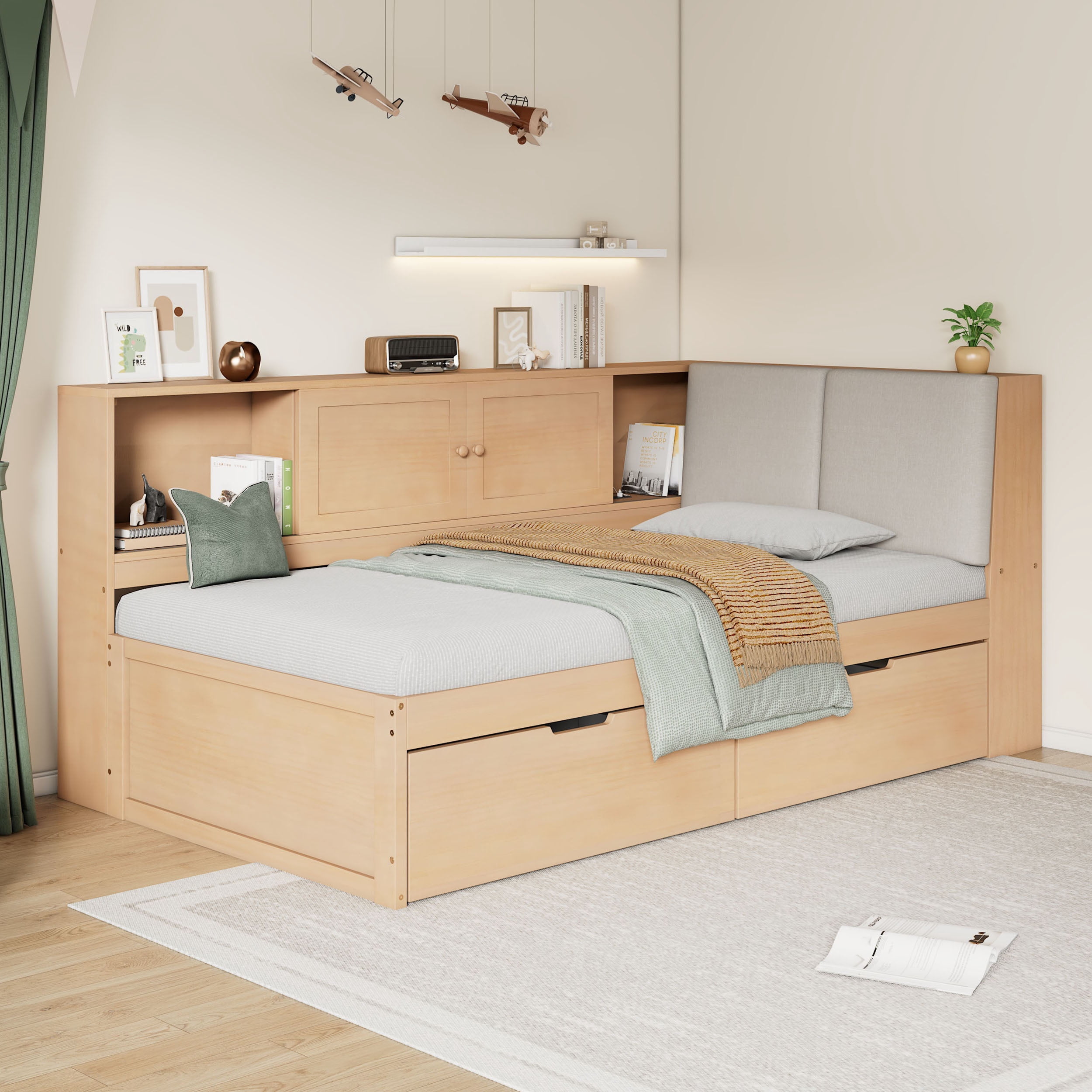 Mintazer Twin Size L-Shaped Corner Bed with Storage Drawers & Bookcase, Daybed with Upholstered Headboard & Charge Station for Home Bedroom Guest Room, Natural