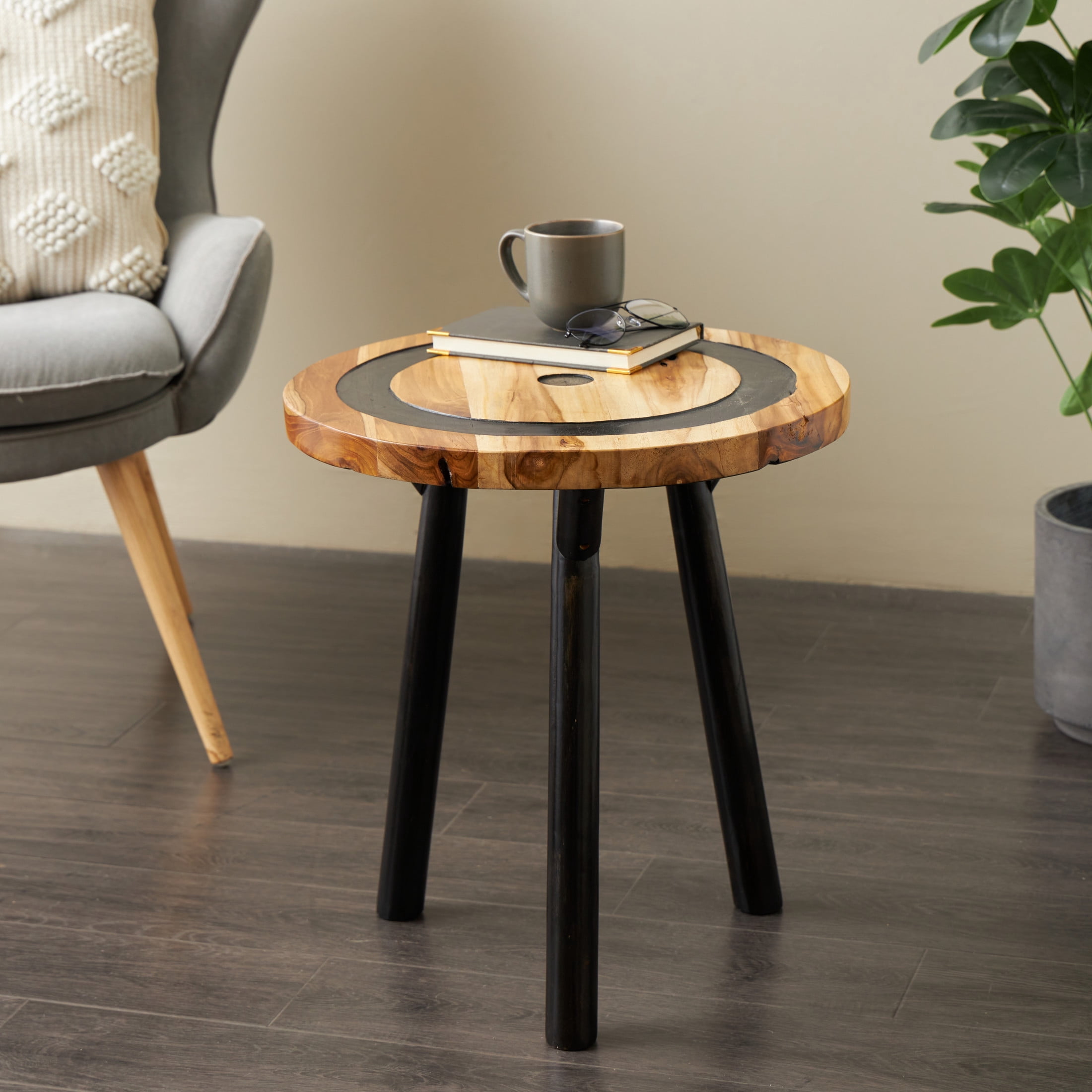 DecMode 20" x 22" Brown Teak Wood Layered Circle Geometric Accent Table with Black Legs, 1-Piece