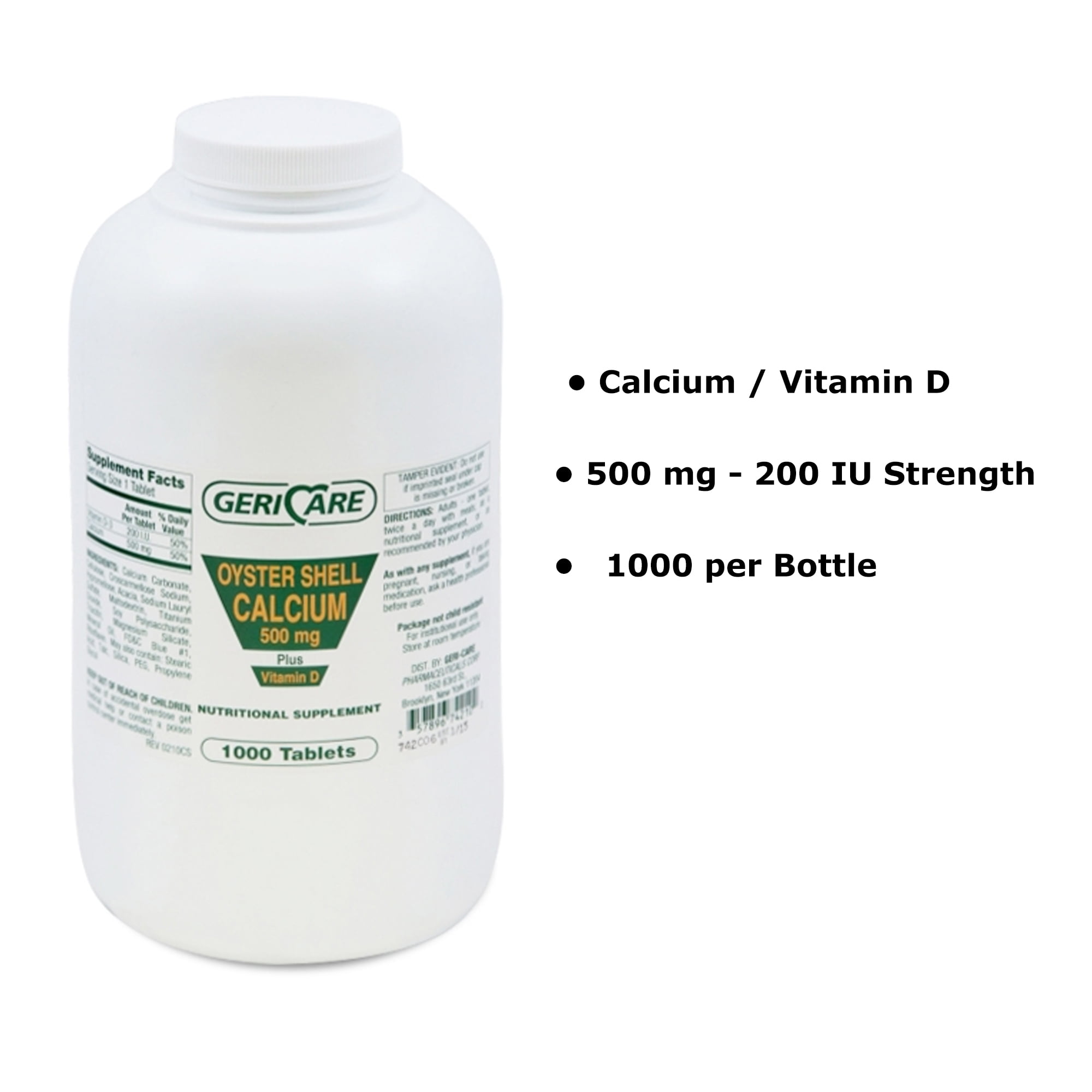 Geri-Care Oyster Shell Calcium Tablets Plus Vitamin - 500 mg, 200 IU Strength, 1000 Ct