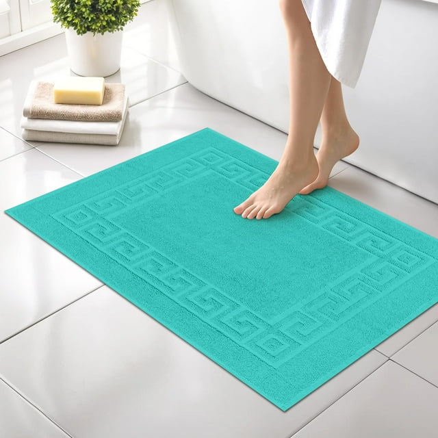 Canadian Linen Everest Bathmats, 2 Pack, 20"x30", Lightweight Quick Dry Soft Absorbent Cotton Bath Mat Washable Shower Tub with Greek Key Design, Teal
