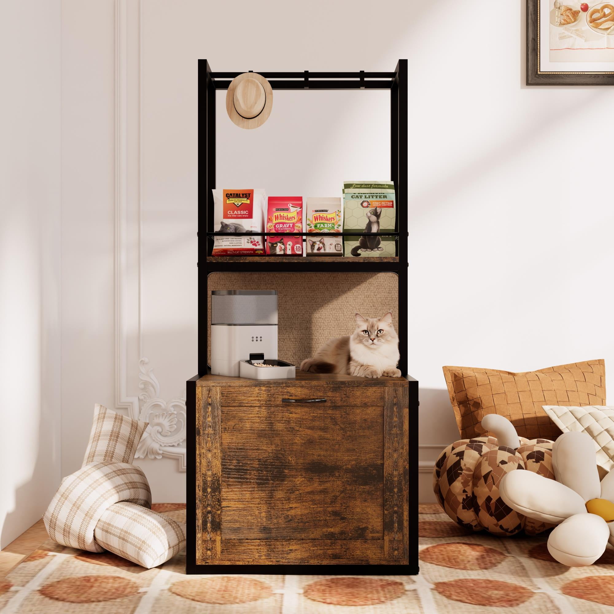 Kadyn 55" Wooden Cat Litter Box Cover Enclosure with Storage Shelves, Hidden Cat House Washroom, Spacious Storage, Fit Most of Litter Box, Brown