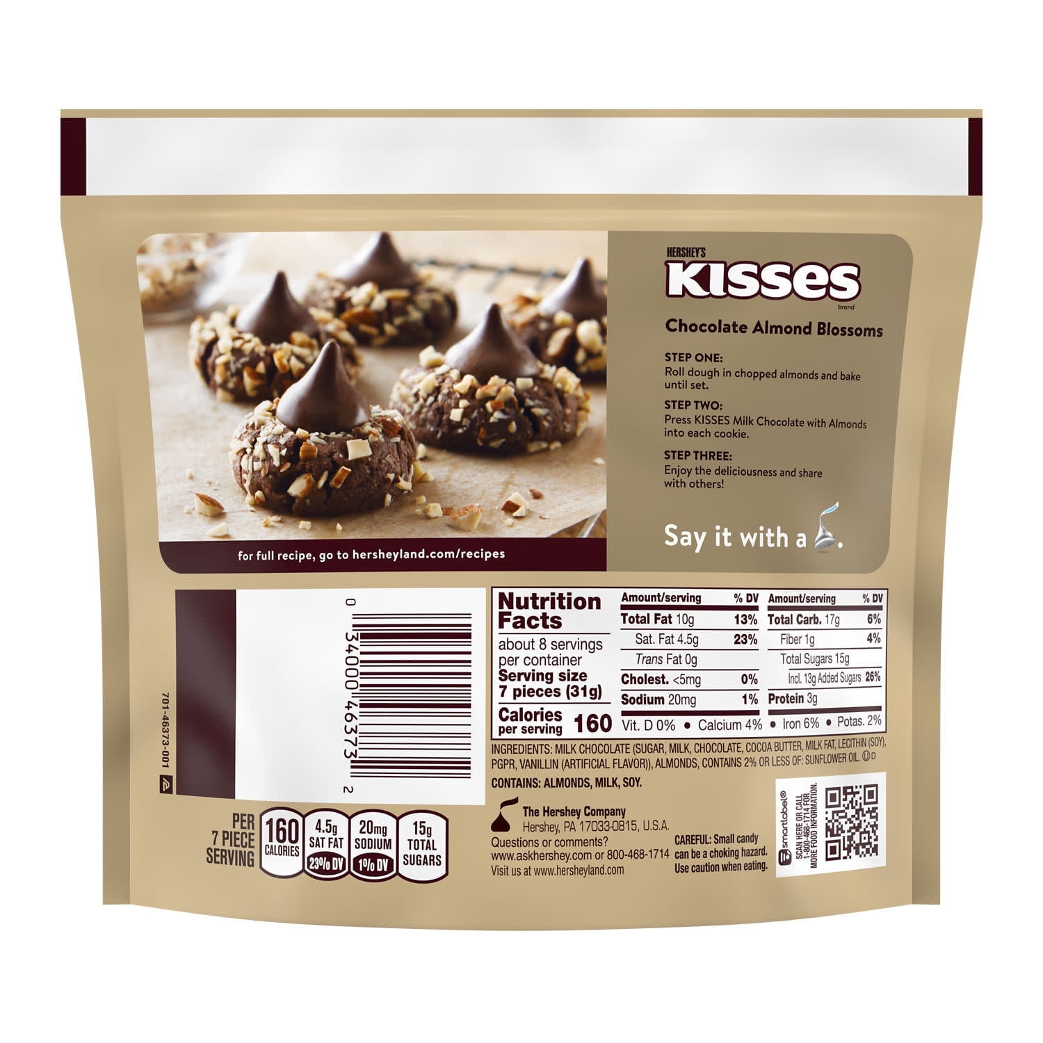 HERSHEY'S KISSES Milk Chocolate with Almonds Candy Share Pack, 8.7 OZ