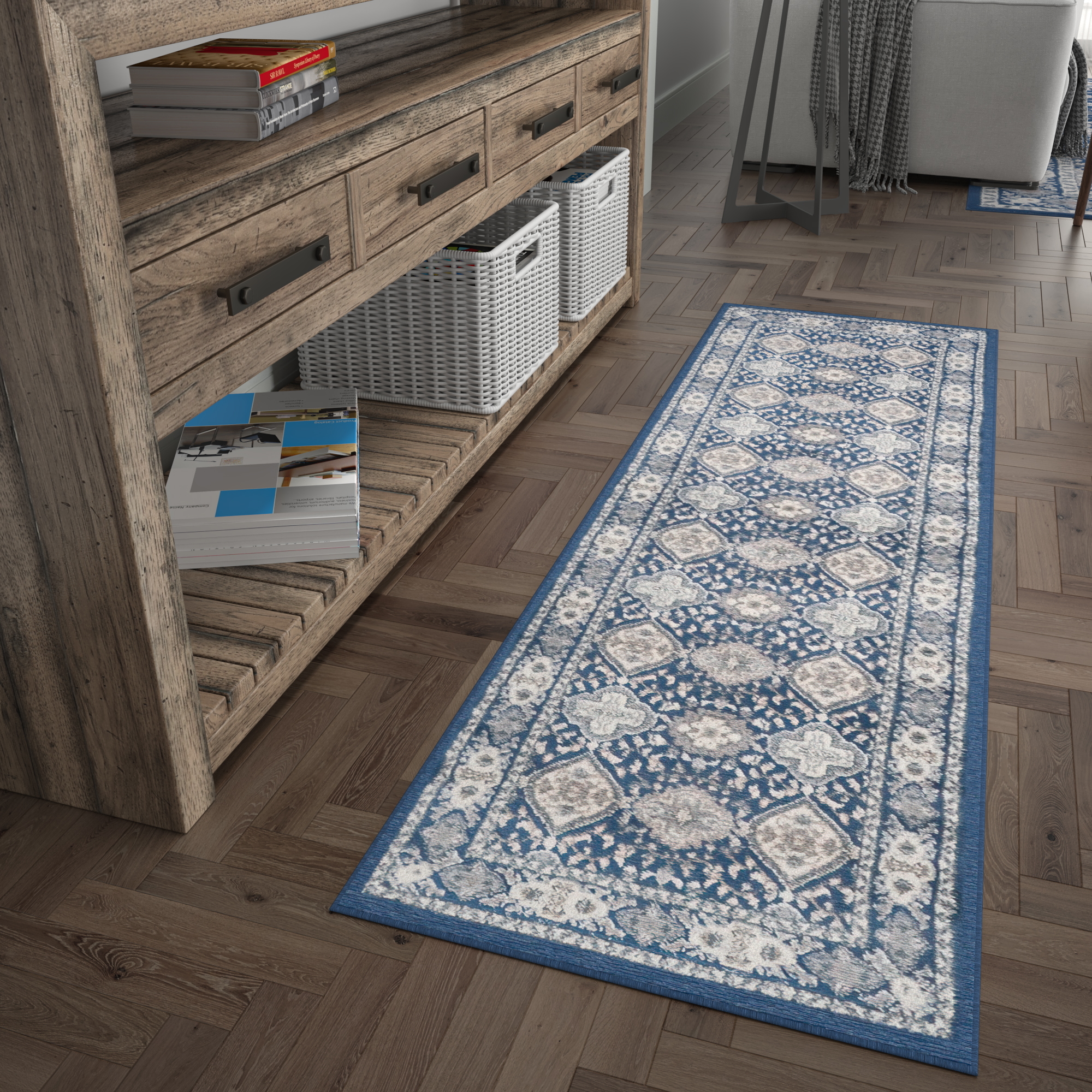 Traditional 2x8 Area Rug (2'3'' x 7'3'') Oriental Navy, Cream Indoor Runner Easy to Clean