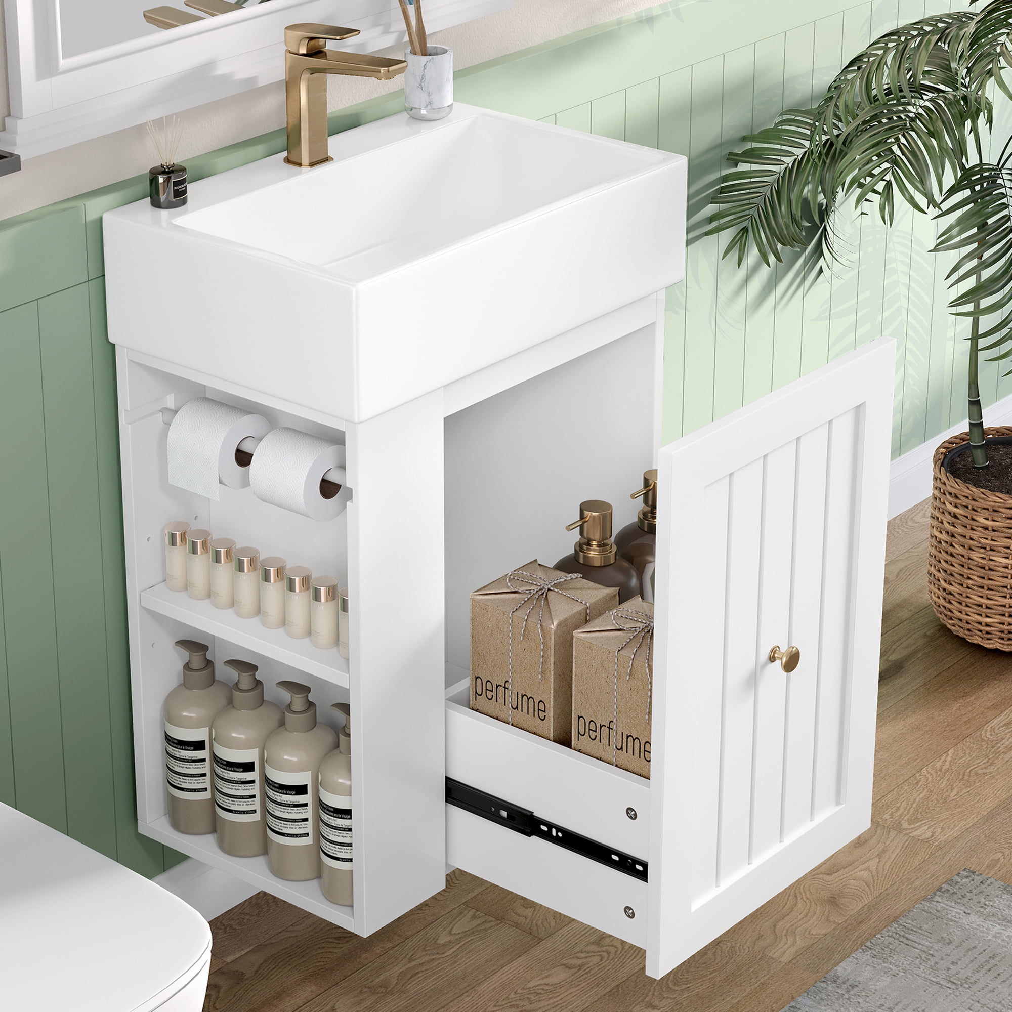 Aukfa 20"Wall-Mounted Bathroom Vanity with Ceramic Sink, Space-Saving Floating Bathroom Vanity,Large Drawer, Side Storage Shelf,White