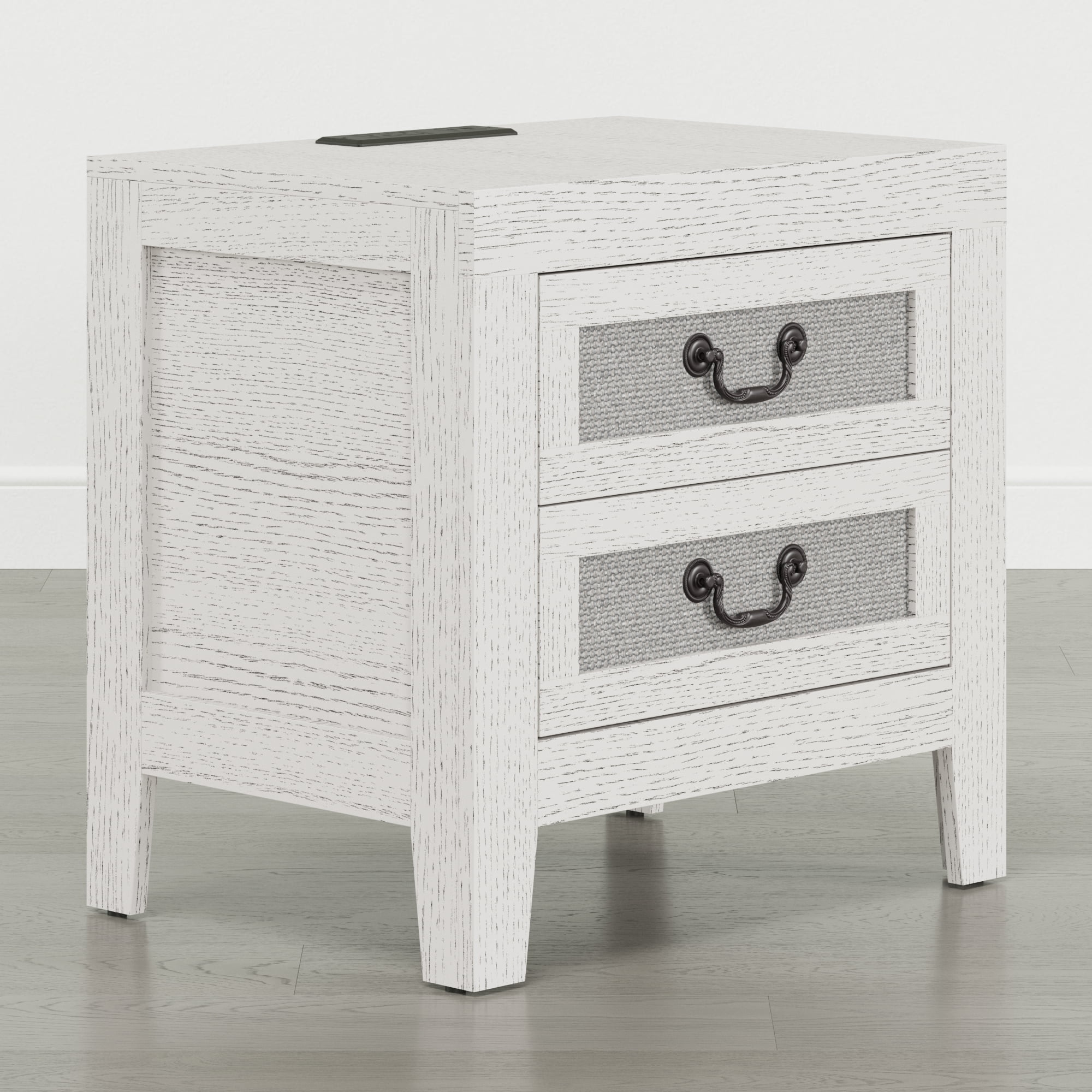Spruce & Spring Modern Transitional Nightstand, 2-Drawer End Table with Charging Station, Fabric Drawer Front, White Oak Wood Finish