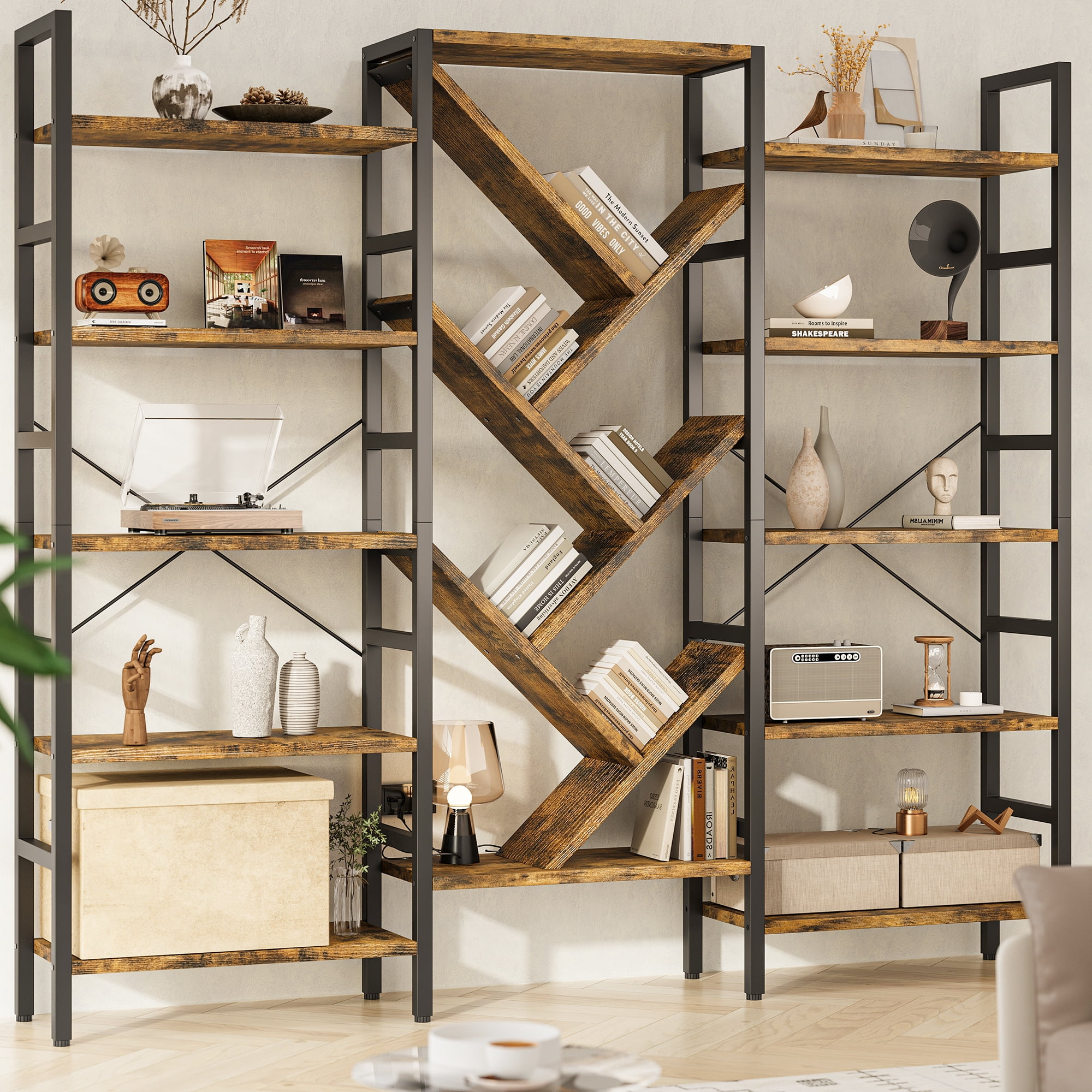 Triple 5 Tier Bookshelf, Large Wooden Bookcase with 17 Open Display Shelves, Modern Tree Book Shelf Metal Frame Tall Bookshelves Furniture for Living Room Bedroom Home Office Rustic Brown