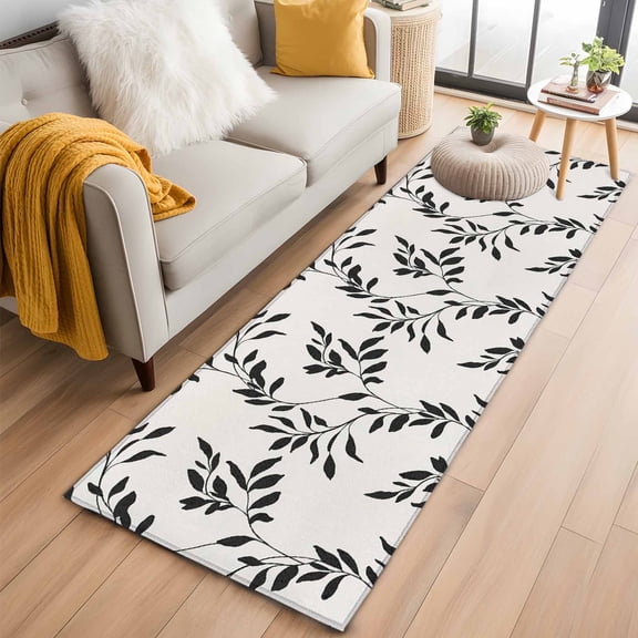 Black Leaves 2'x6' Runner Rugs for Hallway Kitchen Bedside Non Slip Washable, Vintage Leaf Botanical Minimalist Art Entryway Rug Runners with Rubber Backing, Long Carpet Runner for Laundry Room