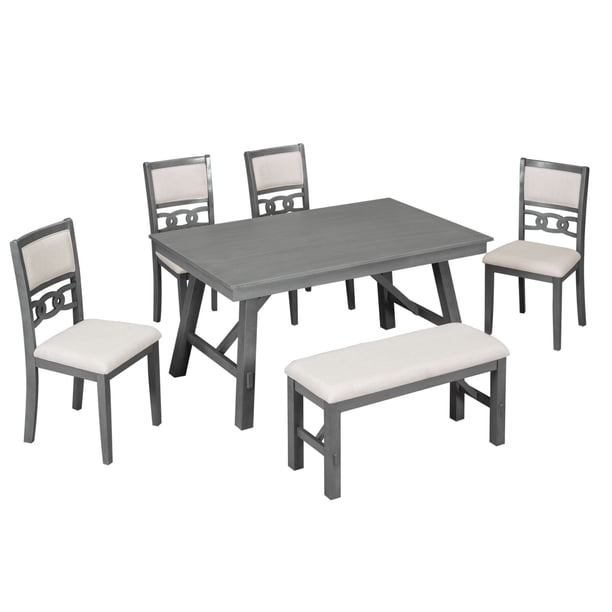 6 PCS Farmhouse Solid Wood Dining Table Set, 56 Seater Dining Table
