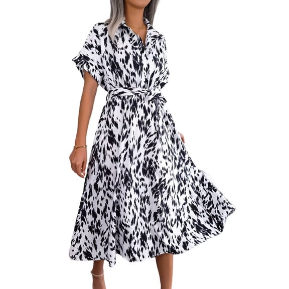 Women'S Summer Short Sleeve Work Dresses Tie Waist Button Down Print Midi A-Line Shirt Dress White M