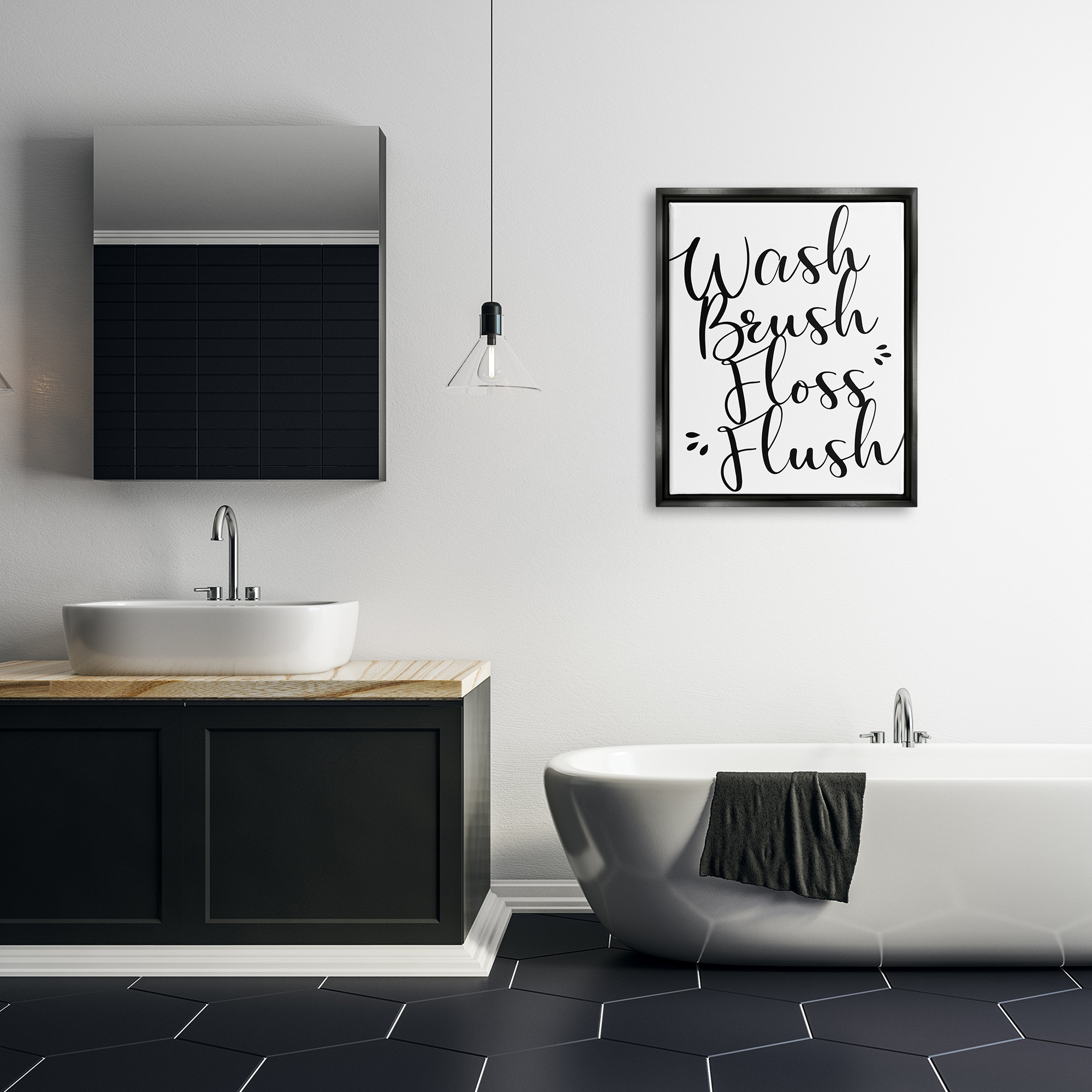 Stupell Industries Bathroom Rules Phrase Typography Painting Black Floater Framed Art Print Wall Art, 25 x 31