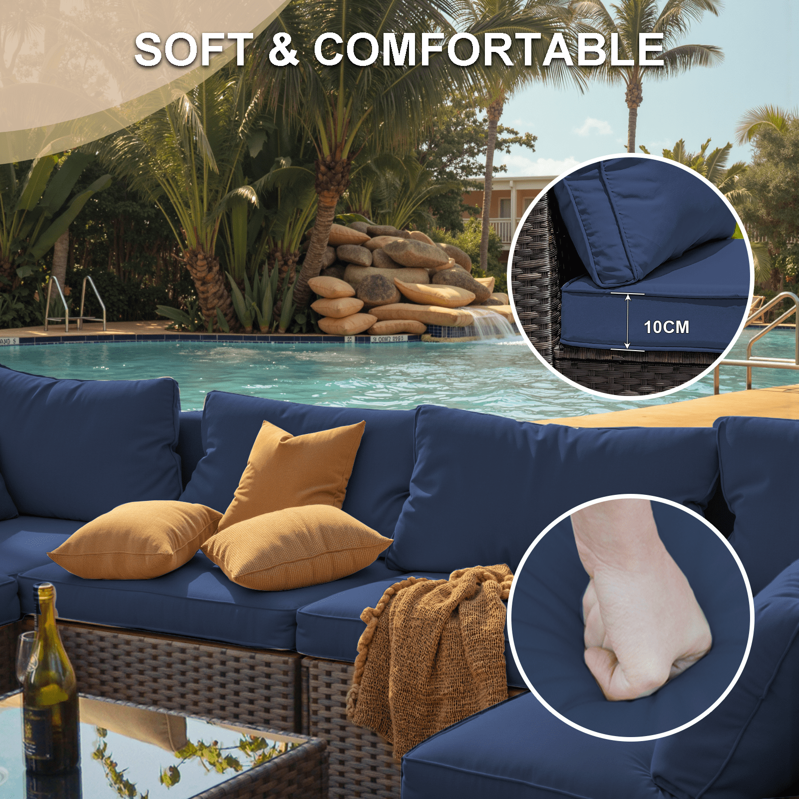 Gaildon 8 Piece Patio Furniture Set with Fire Pit Table, All Weather Outdoor Sectional PE Rattan, Patio Conversation Sets with Cushions for Garden Lawn Balcony Porch Deck, Blue