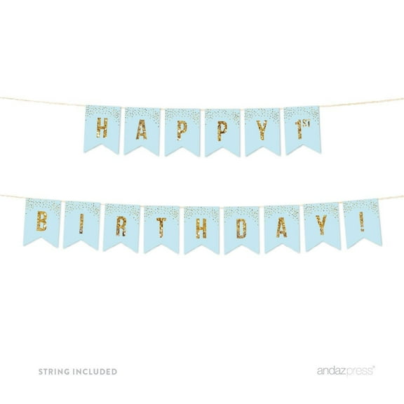 1st Birthday, Light Blue Gold Glitter 1st Birthday Party Pennant Banner
