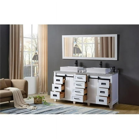 J & J International 72BD17-WAWC 72 in. White Chanceton Vanity with Carrara Marble Top & Vessel Sinks