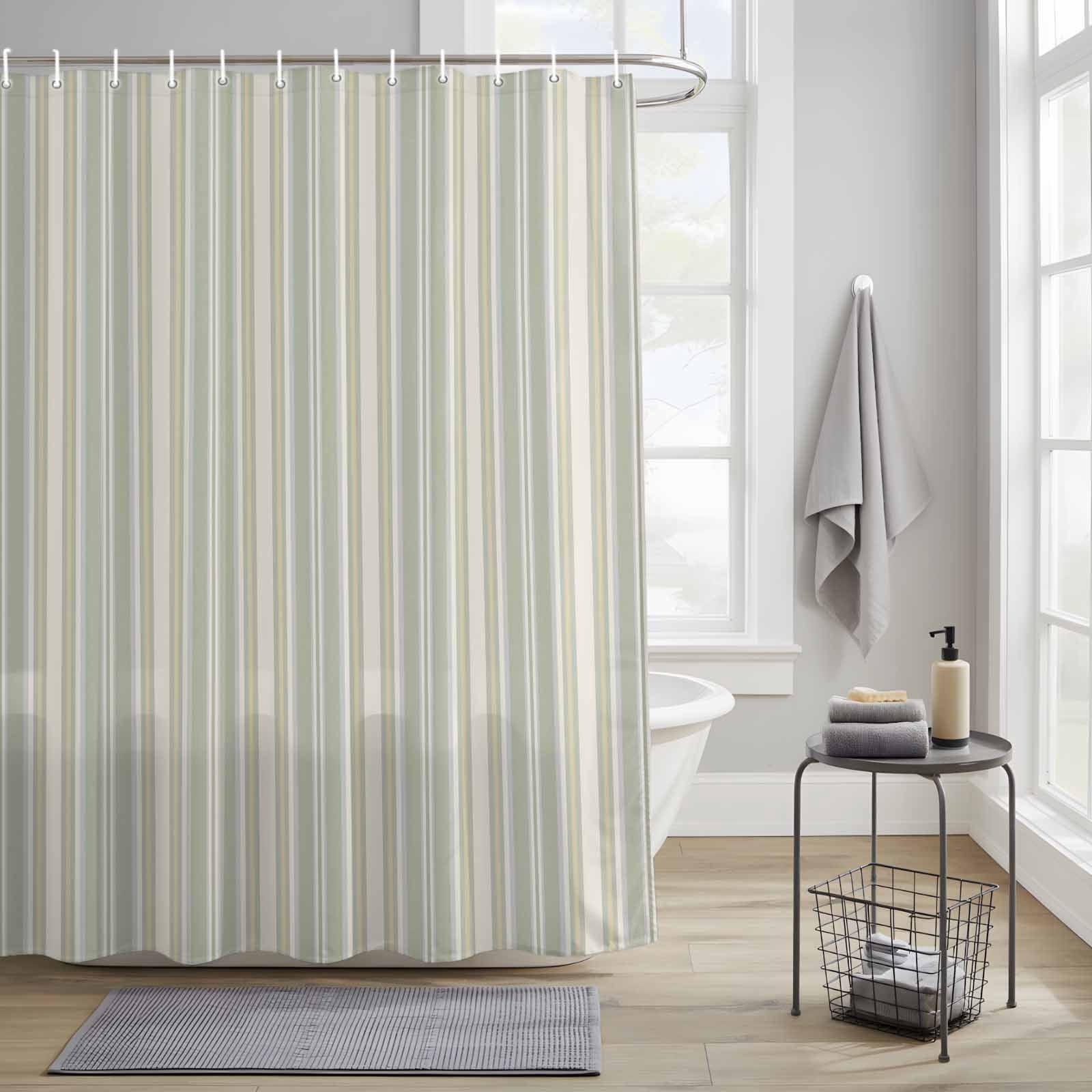 Green Stripe Shower Curtain, Vintage Abstract Art Farmhouse Green Vertical Stripe Waterproof Shower Curtain Set with 12 Hooks Lightweight Bath Curtains Fabric Bathroom Decor 72x72 Inches