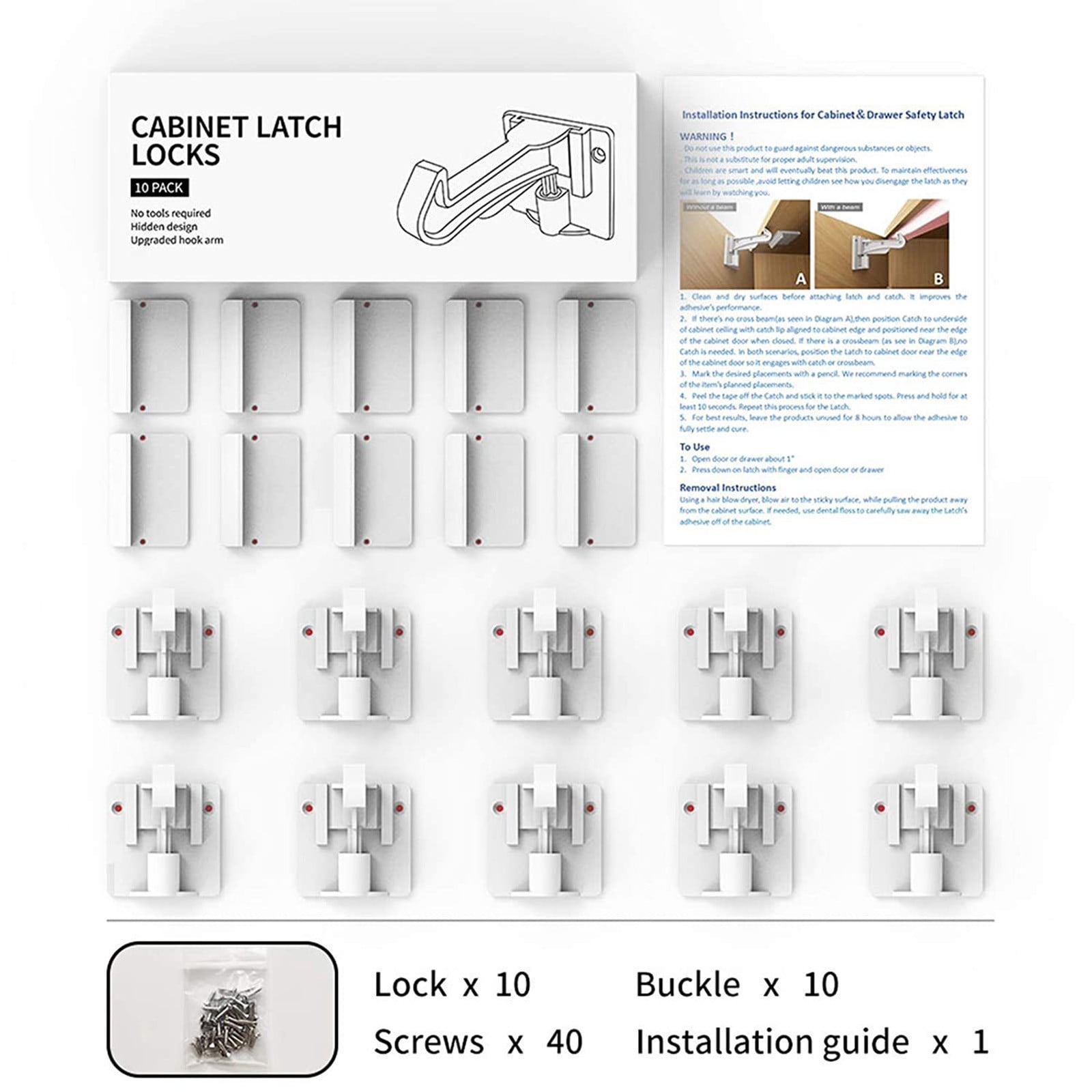 Cupboard Locks for Children - Child Safety Locks,Baby Proofing Drawer Kit Latches - No Drilling - Non Magnetic Child Proof Kitchen Cabinet Lock for Babies - Childproof - 10 Pack