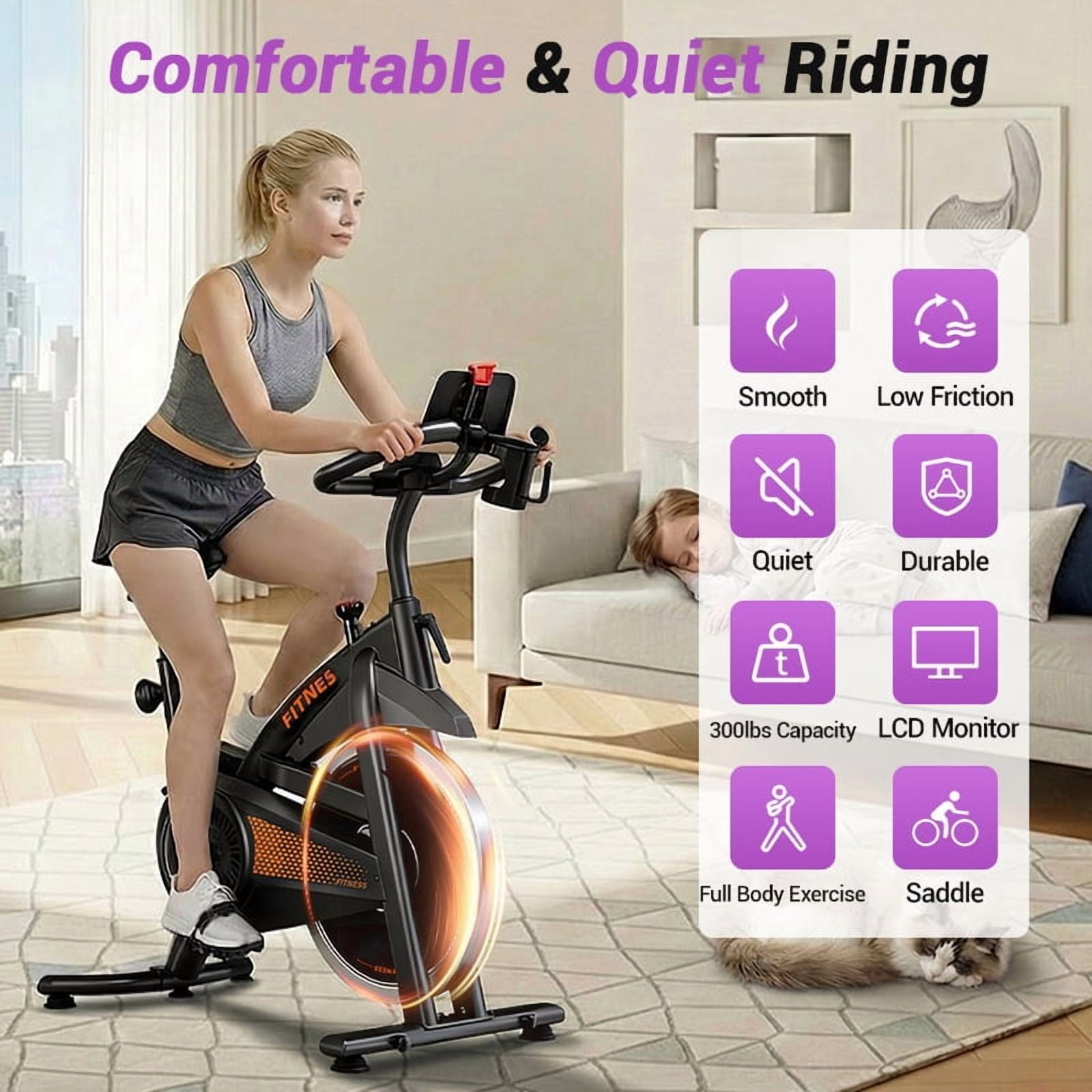 LEZEE Exercise Bike Indoor Cycling Bike Adjustable Resistance for Home Workout Use Max Weight 300 lbs with Extra Comfort Seat