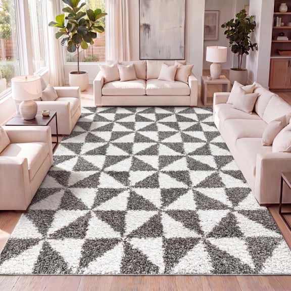 JONATHAN Y LONDON SHAG 5 x 8 Area Rug, Alcudia Geometric - Beige/Dark Gray, SHG100A-5