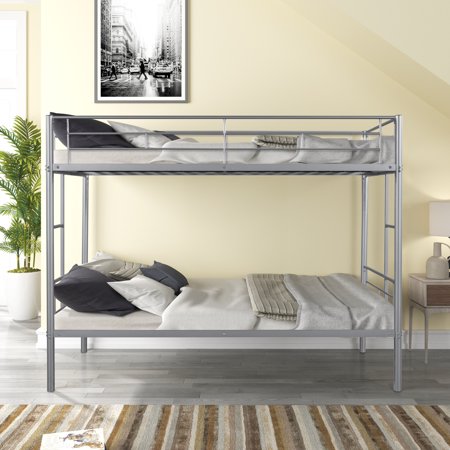 Bunk Beds Twin Over Twin  iRerts Twin Bunk Beds for Kids Teens Adults  Modern Metal Twin Bunk Beds No Box Spring Needed  Heavy Duty Twin Over Twin Bunk Beds with Guard Rails  Removable Ladders  Silver