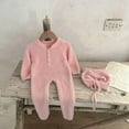 thumbnail image 2 of Gpaecead Cotton Baby Footie Romper Newborn Fuzzy Fluffy Baby Clothes Long Sleeve Fleece Outfit for Boy and Girls with Warm Hat Set 0-18M Pink, 2 of 4
