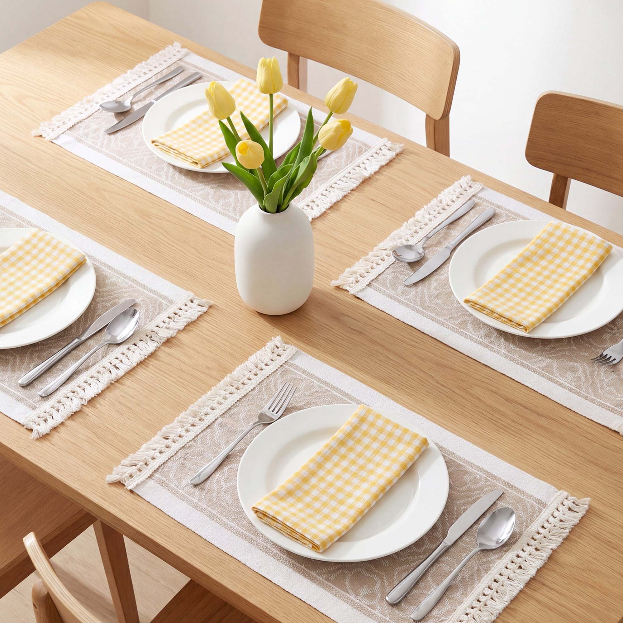 Unique Bargains Set of 4 Linen Farmhouse Placemats Khaki/White 17.7x13.8inch