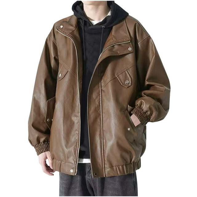 Leather Jacket Mens PU Motorcycle Jackets Long Sleeve Windbreaker Plus Size Zip Up Coats Drop Shoulder Tops Patchwork Overcoat Pocket Pure Color Lapel Outerwear Trendy Casual Outfits