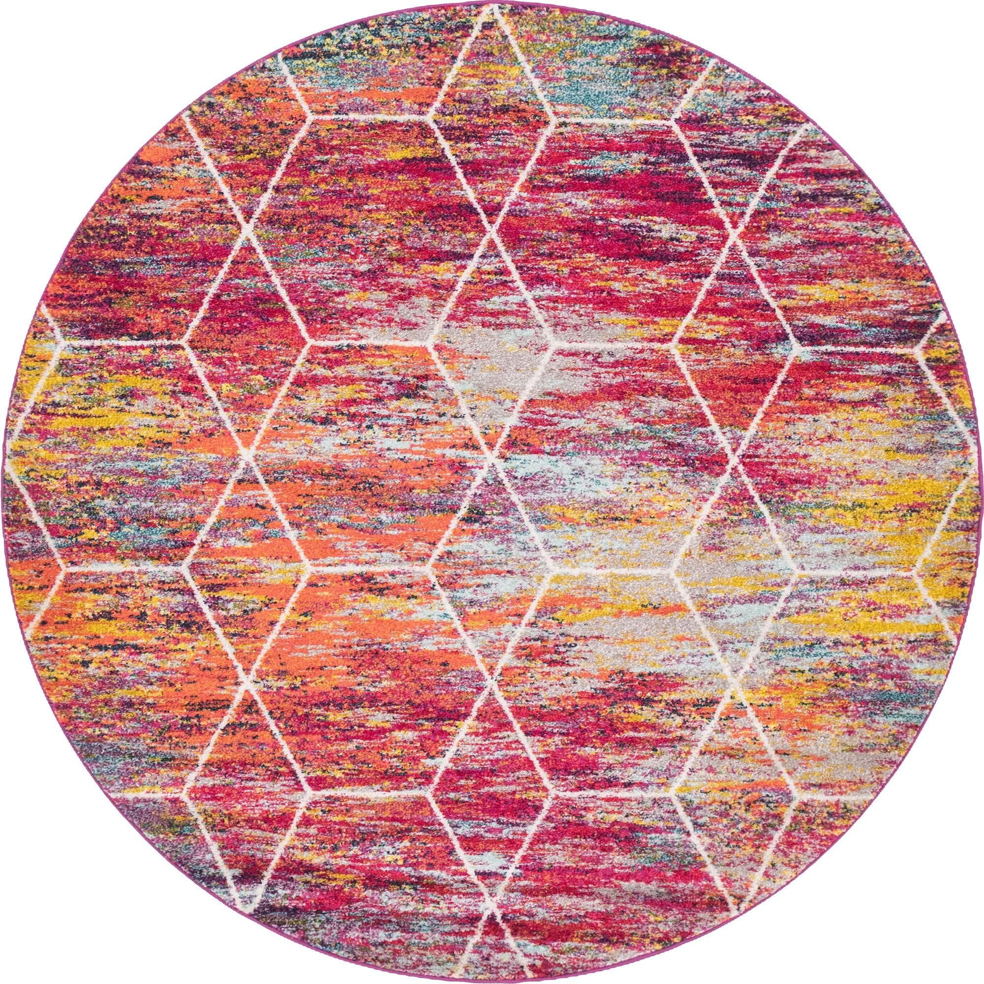 Unique Loom Geometric Trellis Frieze Rug Multi/Ivory 7' 1" Round