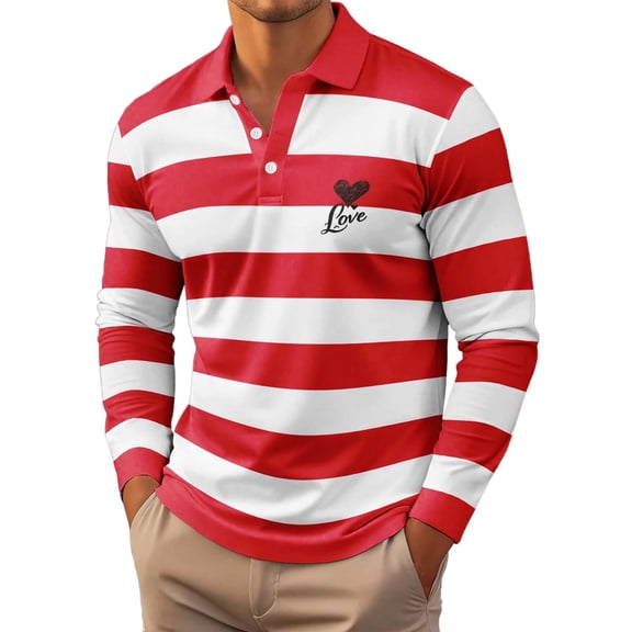 Mens Polos Valentine Heart Print Long Sleeve Shirt Casual Wear Clothes