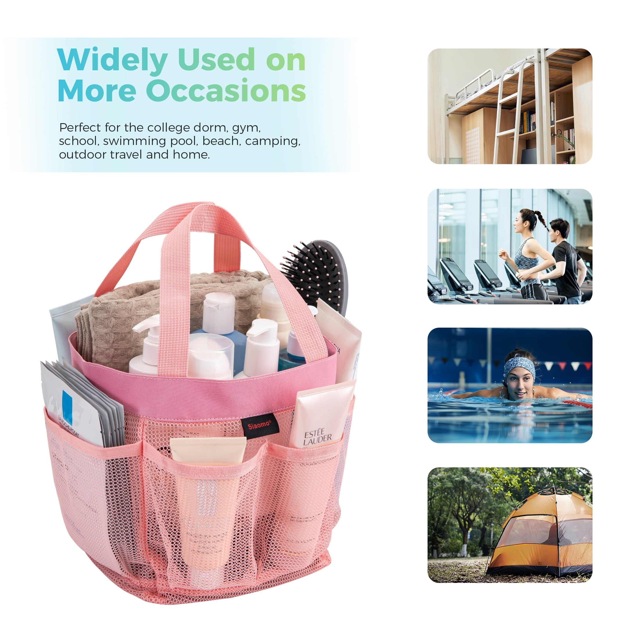 Siaomo Mesh Shower Caddy,Tote Bag for College Dorm,Bathroom,8 Pocket Basket,Quick Dry  Pink  (图3)