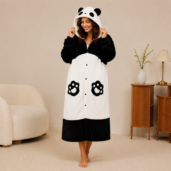 Yeahitch Coral Fleece Womens Robes with Pockets Thick Cartoon Panda Winter Warm Robes for Women Women's Pajamas(Black,L)