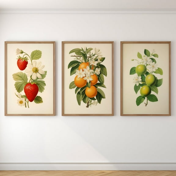 Luvia Vintage Fruit Lithograph Set Retro Floral Fruit Bundle, Strawberry Art Print, Limes Oranges Strawberries Kitchen Artwork, Modern Wall Decor Set 3 Prints 8x12 UNFRAMED