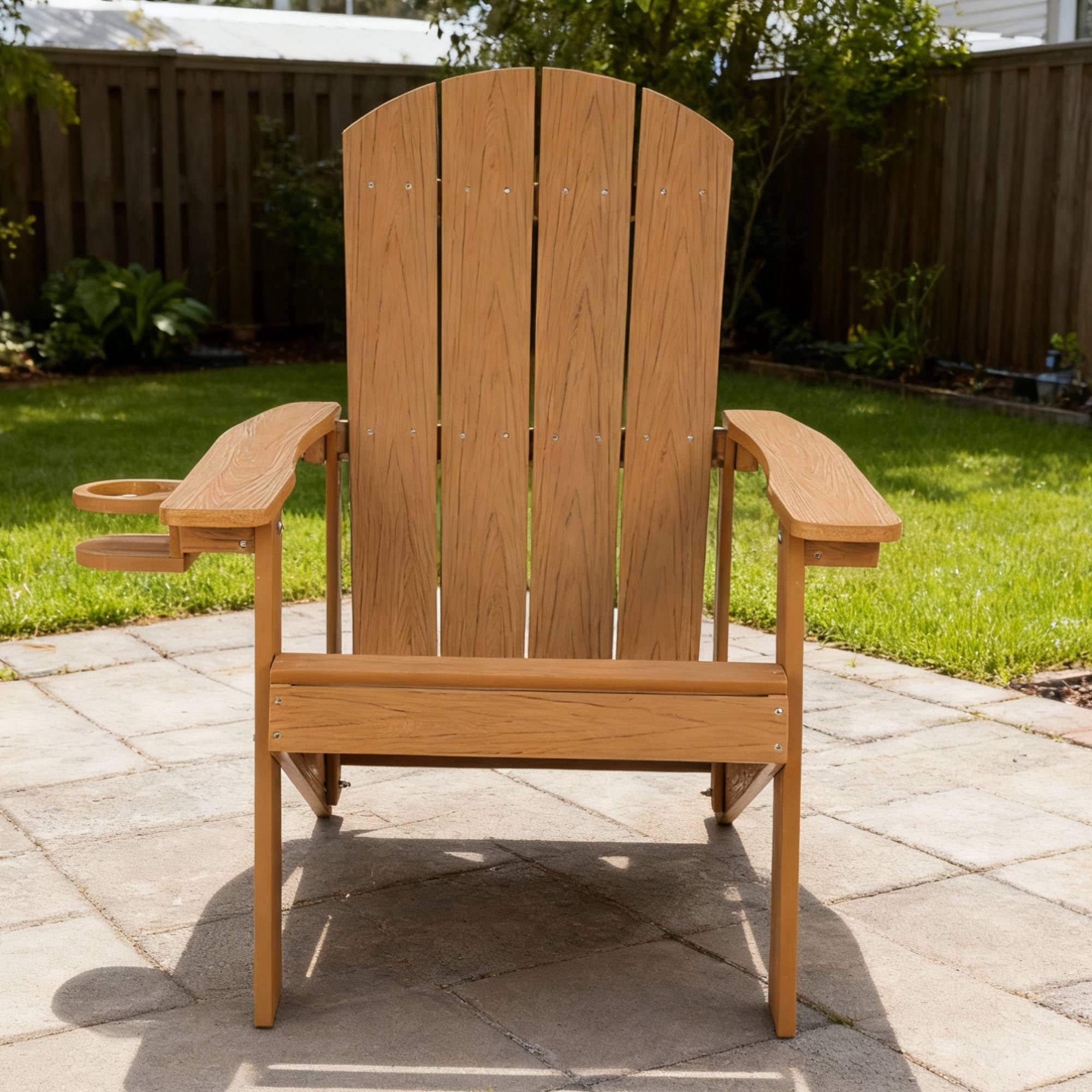 Outdoor Lounge Chair with Cup Holder, Comfort Relax Recliner for Patio Garden Leisure Gathering Backyard Rest Time, Teak