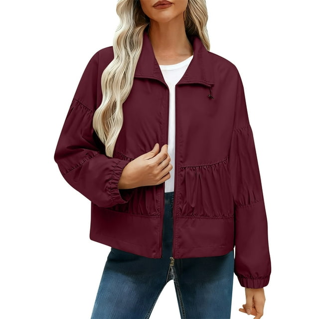 WRKEKC Veste Légère pour Femmes Couleur Unie Décontractée à Fermeture Éclair Plissée avec Poches Courtes pour l'Automne Résistance au Froid