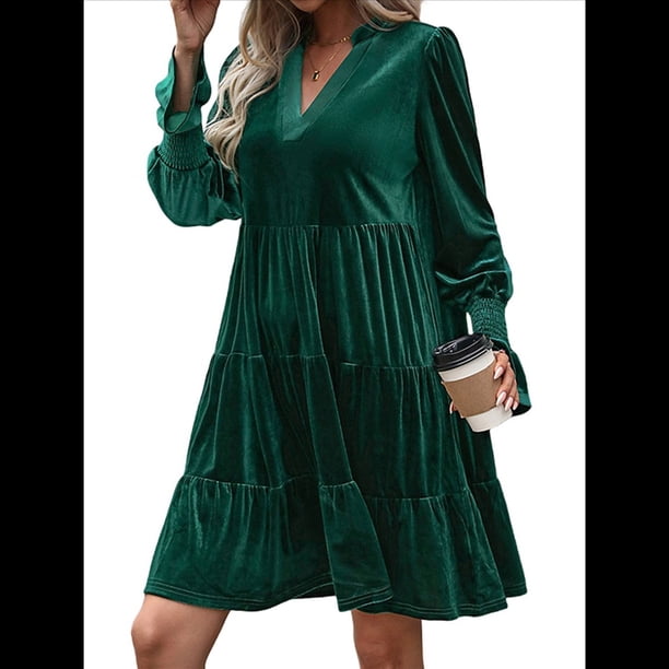 Vestido Babydoll Elegante de Terciopelo para Mujer, de Larga, Informal, con Escote en V, Corte A, Fluido, Formal, para Fiesta de Boda. Verde Oscuro M