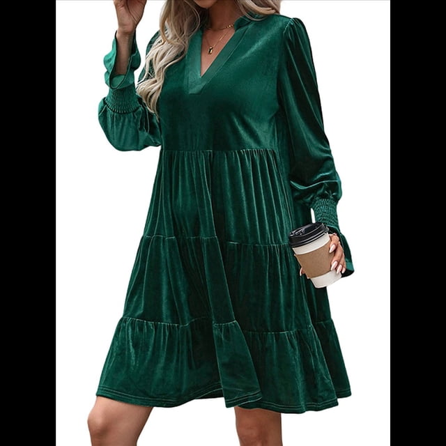 Vestido Babydoll Elegante de Terciopelo para Mujer, de Larga, Informal, con Escote en V, Corte A, Fluido, Formal, para Fiesta de Boda. Verde Oscuro M
