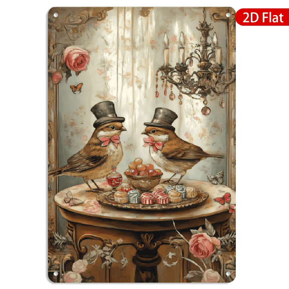 8x12 Inch Metal Wall Art, Whimsical Birds with Macarons Illustration Vintage Victorian Style Decor 1pc for Home Kitchen Wall Decoration