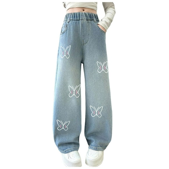 Fsqjgq Girls Jeans High Waisted Denim Pants Wide Leg Flare Jean Trousers Casual Baggy Jean Girl Clothes