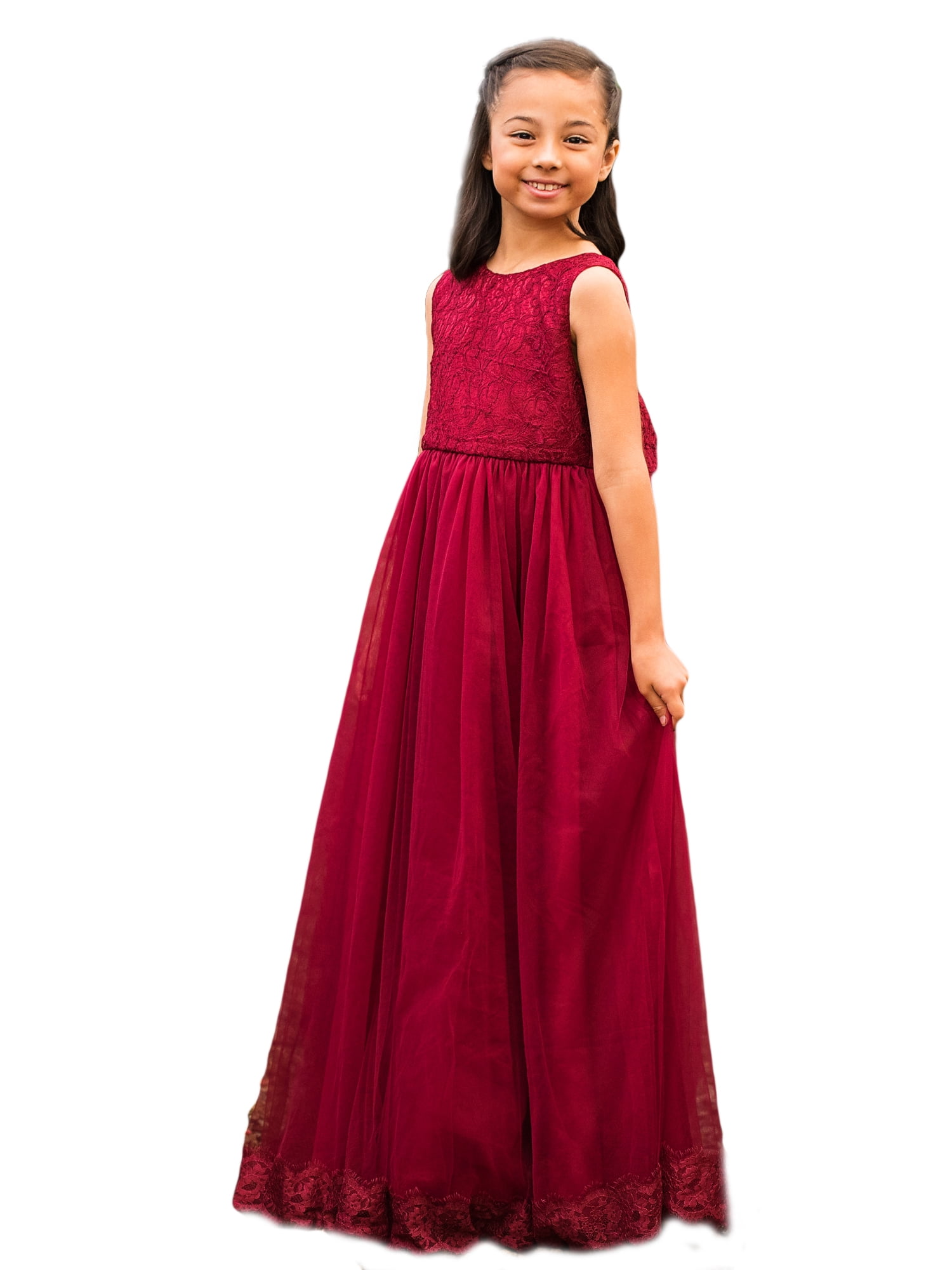 Just Couture Girls Lucinda Wine Lace Big Bow Flower Girl Dress