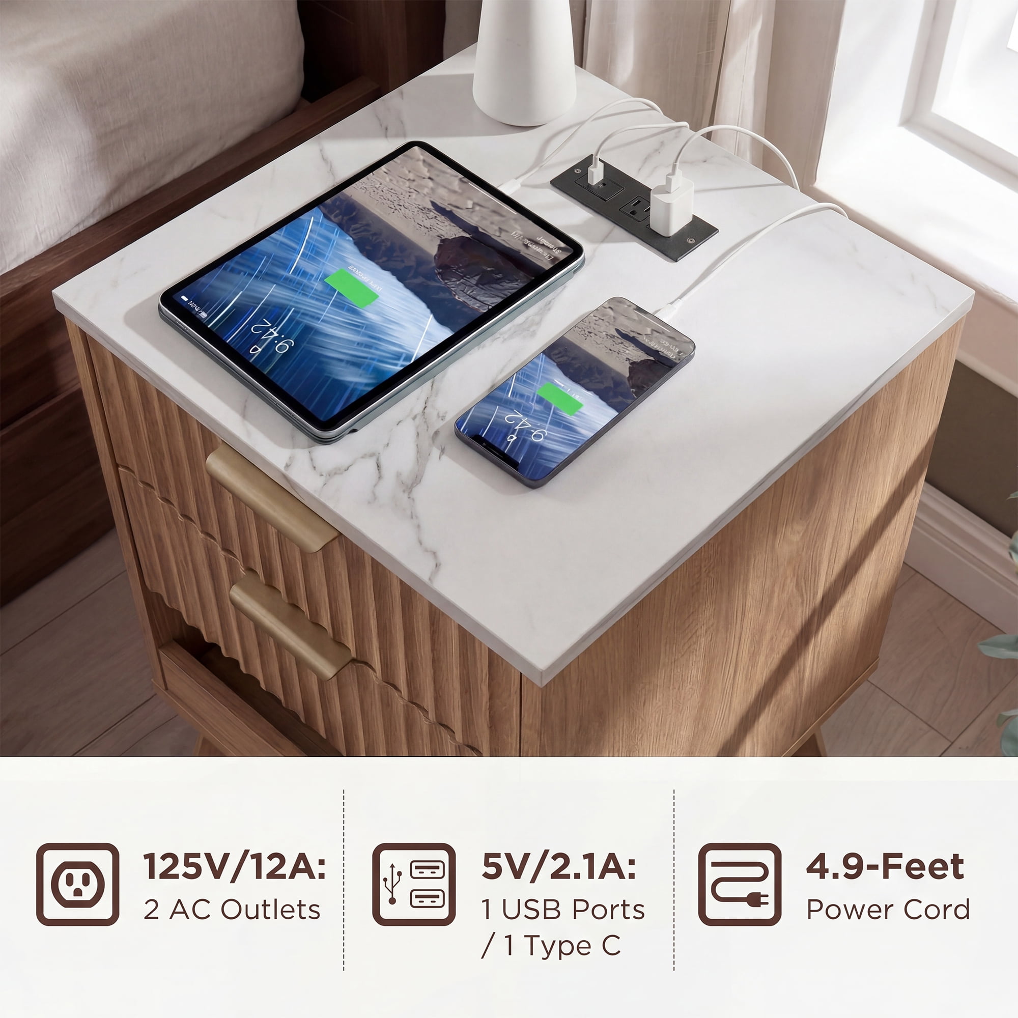 YDN Tall Nightstand Set of 2 - Modern Bedside Table with Fluted Design & Charging Station, Wooden Bedsides End Table with 2 Drawers and Storage Shelf for Bedroom, Living Room,Nature