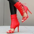 thumbnail image 3 of Women's High Top Strappy Dressy Shoes Stiletto Heel Gladiator Sandals Open Toe Summer Mid Calf Boots Red Size 9.5, 3 of 6