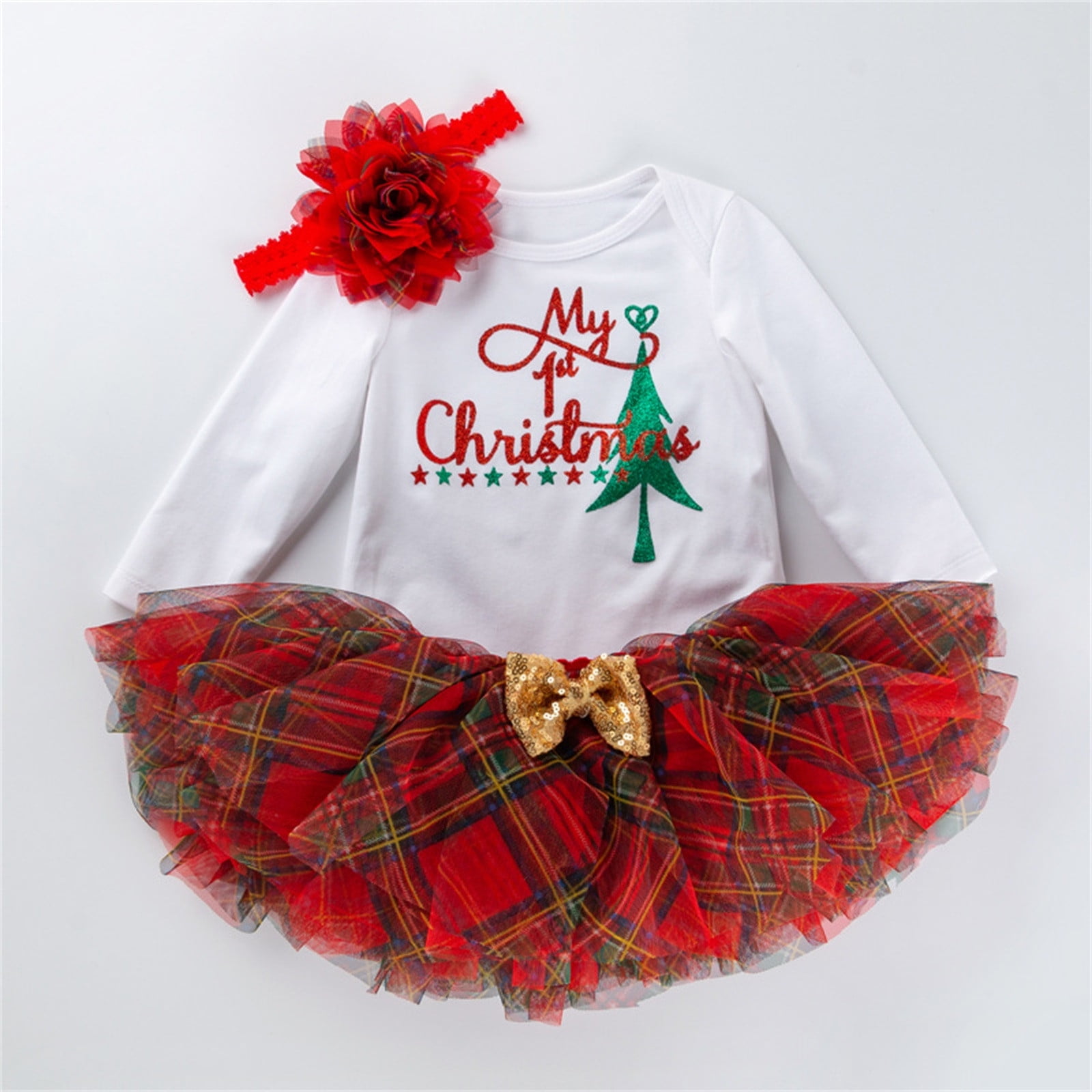gcong My First Christmas Baby Girl Outfit Long Sleeve Romper Dress Santa Elk Dresses Fall Winter Clothes with Bowtie