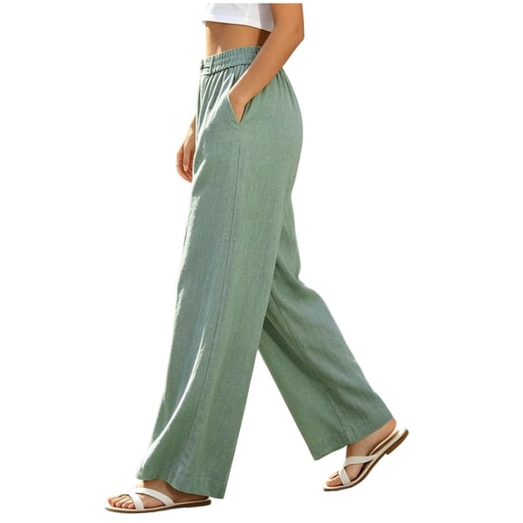 Ynynloco 100%Cotton Linen Pants Women Wide Leg Palazzo Summer Flowy Pants Vacation Clothes Elastic Waist Travel Trousers with Pockets